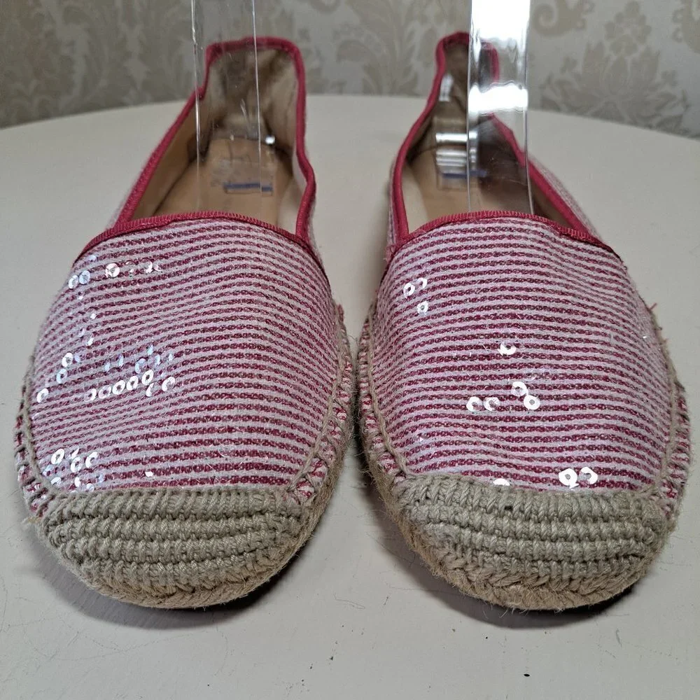 Franco Sarto Size 8.5 A-Whip Pink and White Striped Espadrilles Sequins Jute